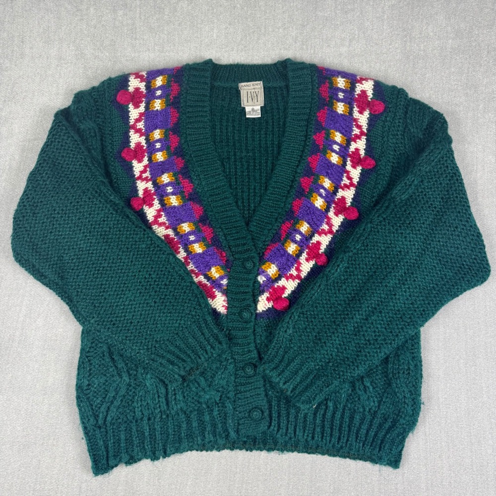 Vintage Ivy Hand Knit Cardigan Sweater Green Pom Pom Fair Isle Womens Medium